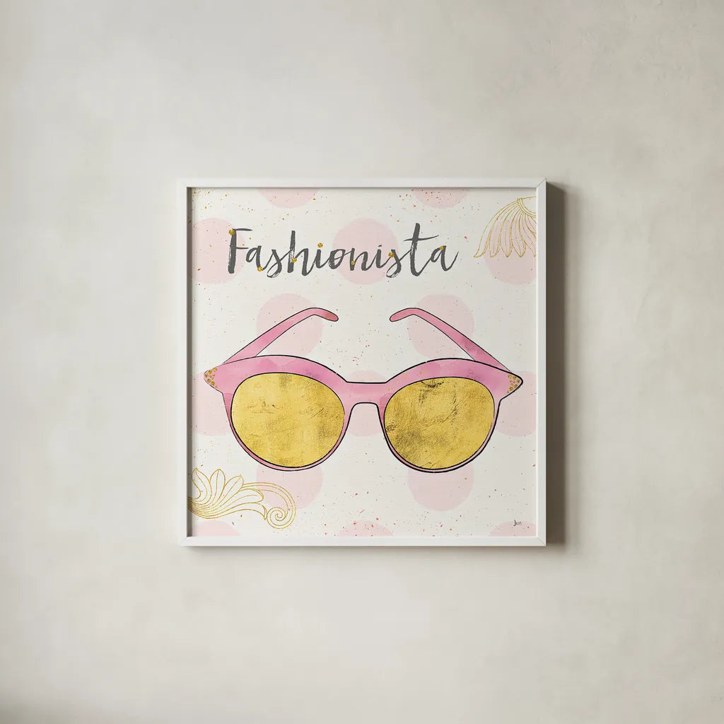 Fashion Blooms IV Pink by Jess Aiken. Shown in a crisp white glass frame for a clean and minimalist style. Available as an archival giclee rolled canvas, fine art paper, or poster print. SKU 45816a.