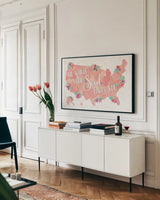Floral Aspect I by Jess Aiken. shown as a framed stretched canvas in a living room above a console. Available as a archival giclee rolled canvas, fine art paper, or poster print. SKU 37860i.