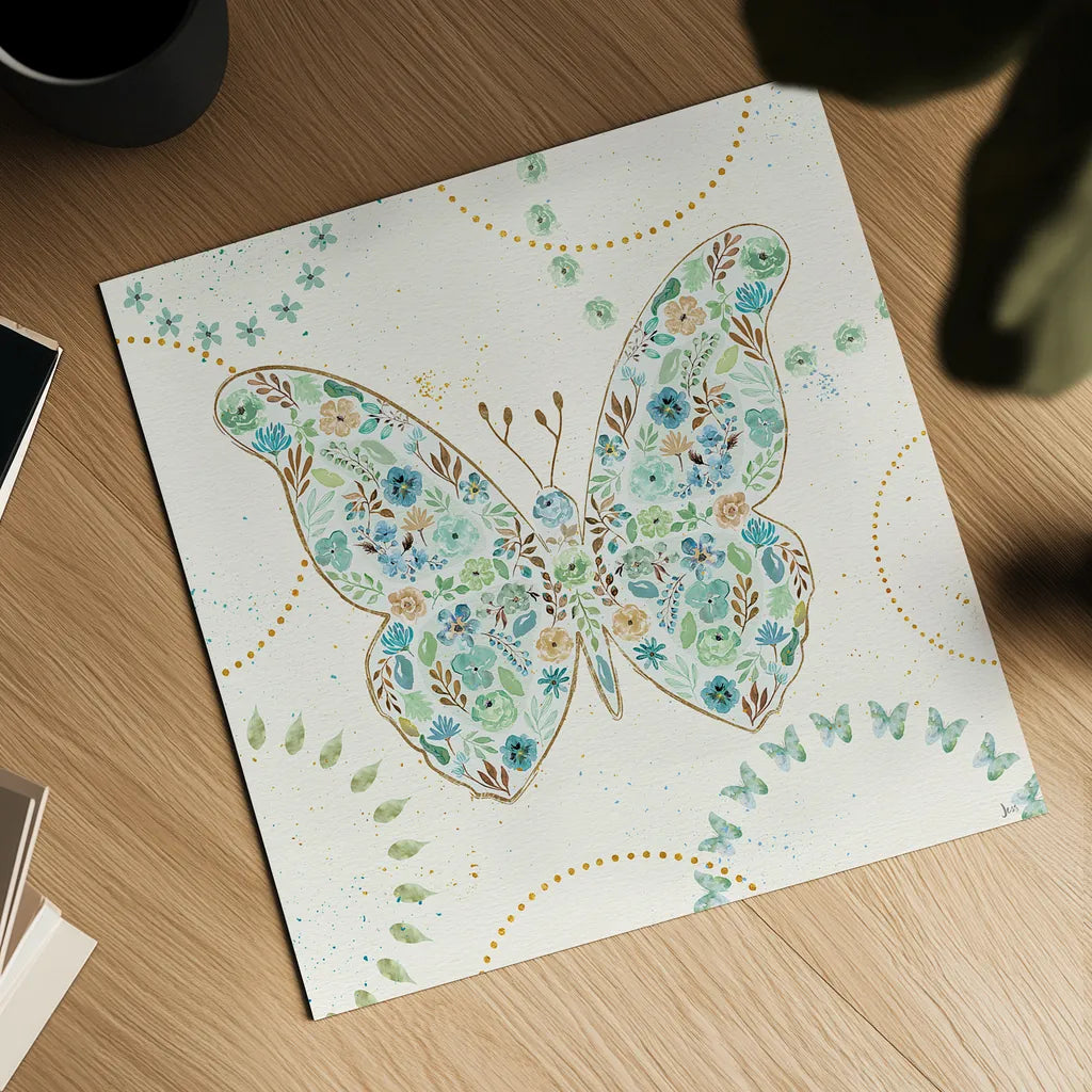 Flutterby Blooms I by Jess Aiken. Shown as a detailed flat fine art print, highlighting archival giclee quality. Available as an archival giclee rolled canvas, fine art paper, or poster print. SKU 26045a.