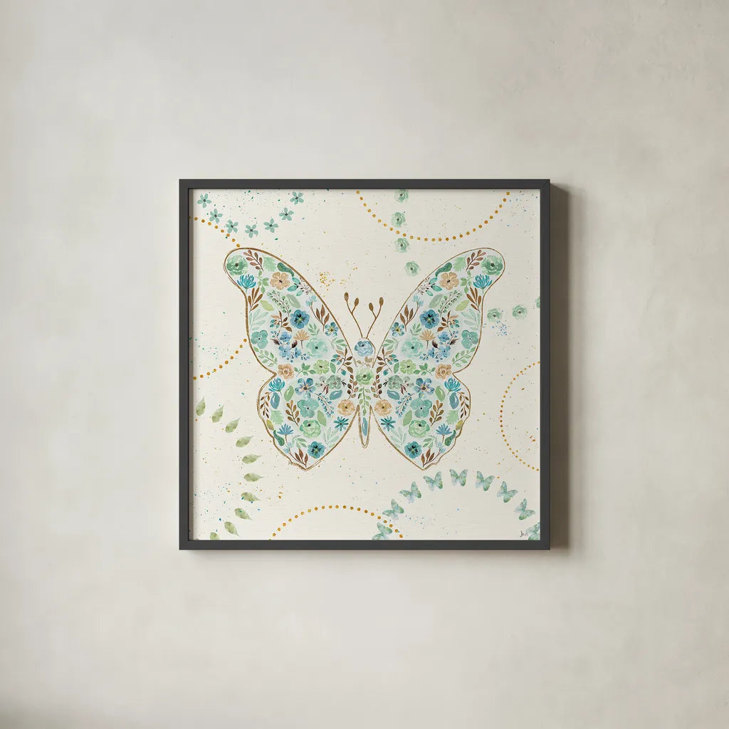 Flutterby Blooms I by Jess Aiken. Shown in a sleek black glass frame for a contemporary gallery look. Available as an archival giclee rolled canvas, fine art paper, or poster print. SKU 26045a.