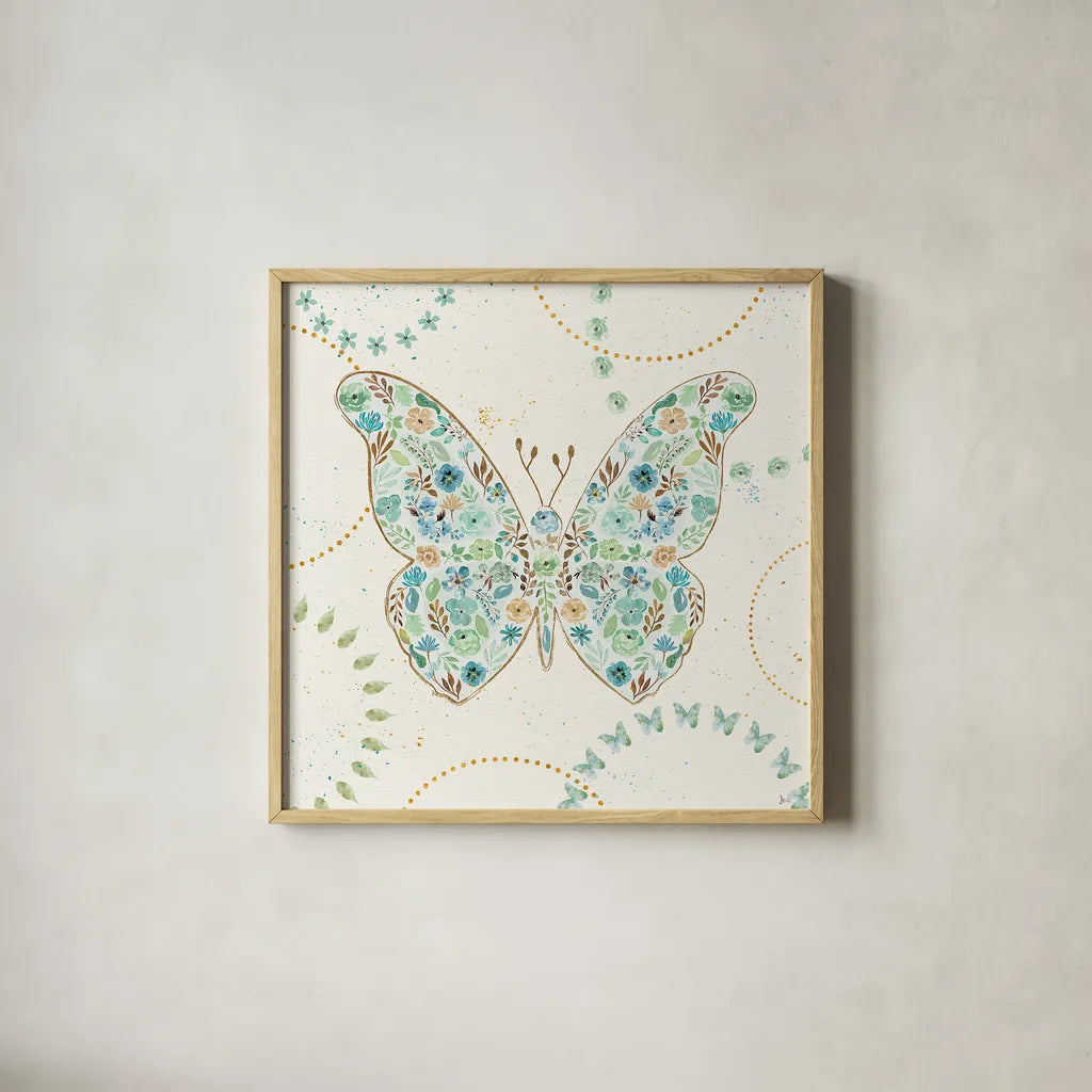 Flutterby Blooms I by Jess Aiken. Shown in a natural wood glass frame for a timeless modern aesthetic. Available as an archival giclee rolled canvas, fine art paper, or poster print. SKU 26045a.