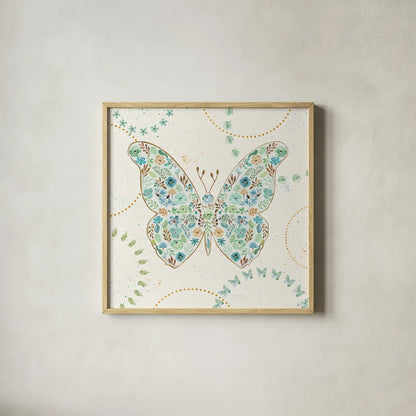 Flutterby Blooms I by Jess Aiken. Shown in a natural wood glass frame for a timeless modern aesthetic. Available as an archival giclee rolled canvas, fine art paper, or poster print. SKU 26045a.
