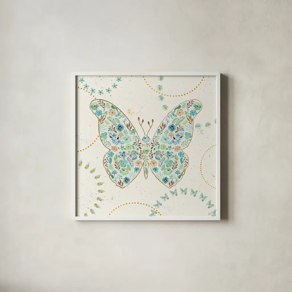 Flutterby Blooms I by Jess Aiken. Shown in a crisp white glass frame for a clean and minimalist style. Available as an archival giclee rolled canvas, fine art paper, or poster print. SKU 26045a.