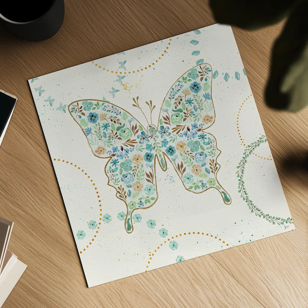 Flutterby Blooms IV by Jess Aiken. Shown as a detailed flat fine art print, highlighting archival giclee quality. Available as an archival giclee rolled canvas, fine art paper, or poster print. SKU 26048a.