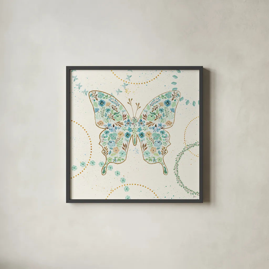 Flutterby Blooms IV by Jess Aiken. Shown in a sleek black glass frame for a contemporary gallery look. Available as an archival giclee rolled canvas, fine art paper, or poster print. SKU 26048a.