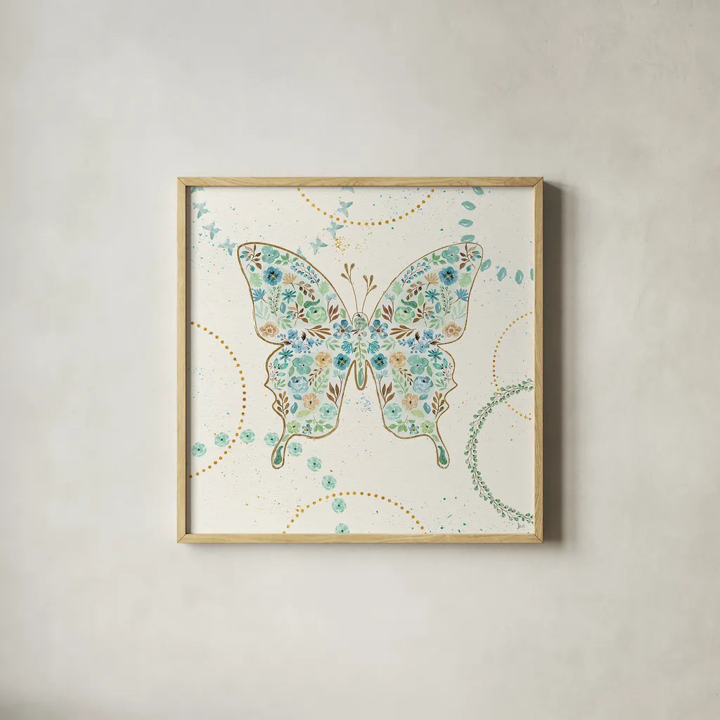 Flutterby Blooms IV by Jess Aiken. Shown in a natural wood glass frame for a timeless modern aesthetic. Available as an archival giclee rolled canvas, fine art paper, or poster print. SKU 26048a.