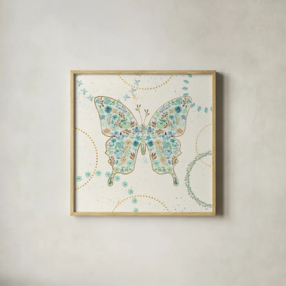 Flutterby Blooms IV by Jess Aiken. Shown in a natural wood glass frame for a timeless modern aesthetic. Available as an archival giclee rolled canvas, fine art paper, or poster print. SKU 26048a.