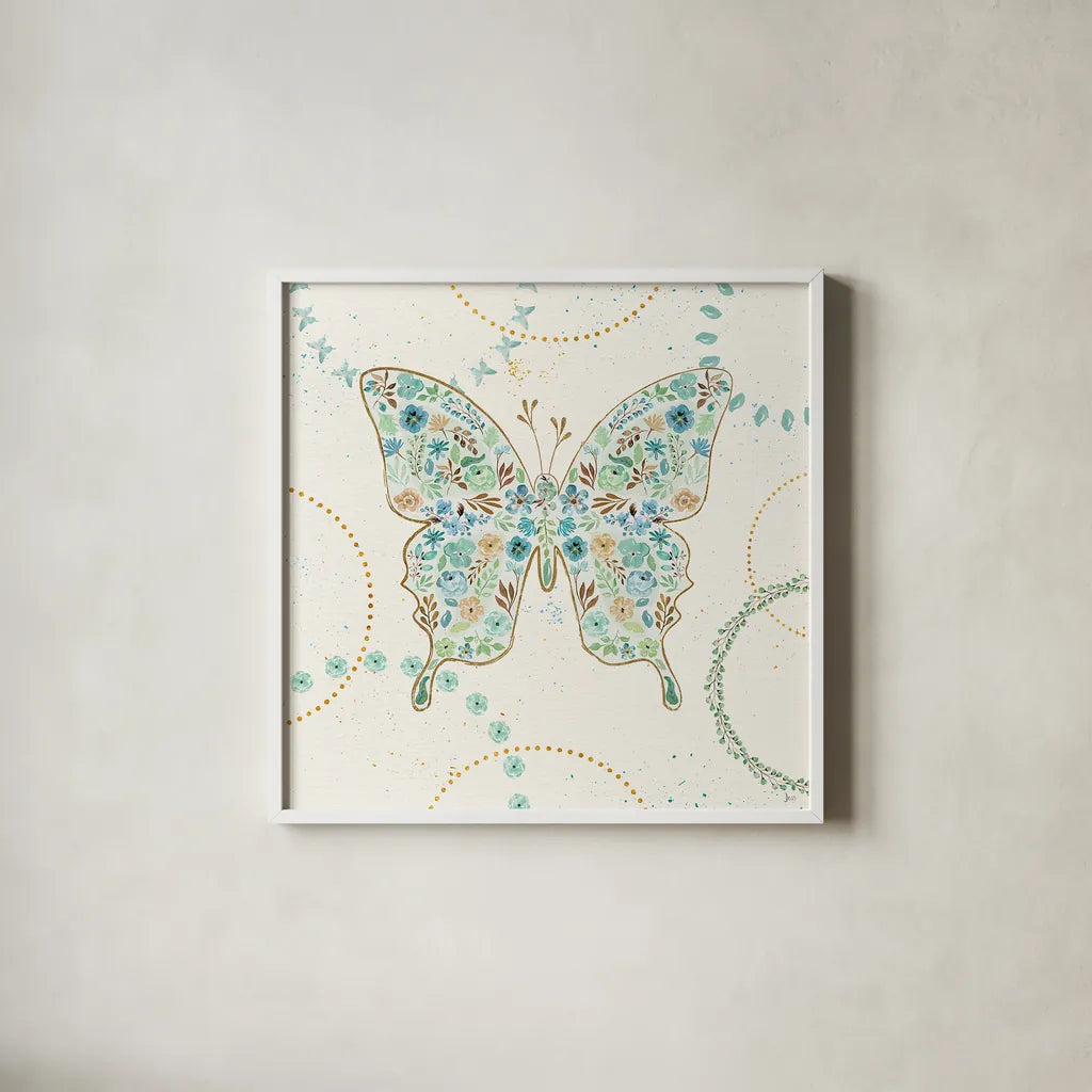 Flutterby Blooms IV by Jess Aiken. Shown in a crisp white glass frame for a clean and minimalist style. Available as an archival giclee rolled canvas, fine art paper, or poster print. SKU 26048a.