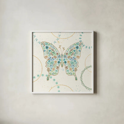 Flutterby Blooms IV by Jess Aiken. Shown in a crisp white glass frame for a clean and minimalist style. Available as an archival giclee rolled canvas, fine art paper, or poster print. SKU 26048a.