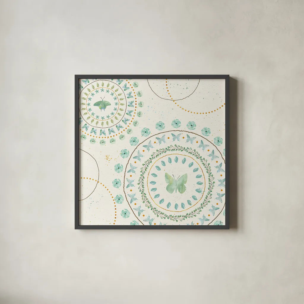 Flutterby Blooms VII by Jess Aiken. Shown in a sleek black glass frame for a contemporary gallery look. Available as an archival giclee rolled canvas, fine art paper, or poster print. SKU 26051a.