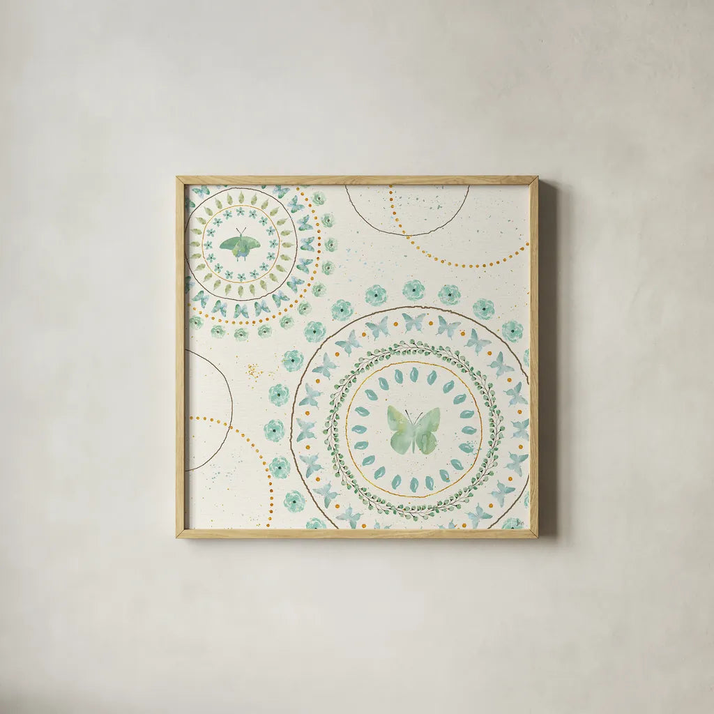 Flutterby Blooms VII by Jess Aiken. Shown in a natural wood glass frame for a timeless modern aesthetic. Available as an archival giclee rolled canvas, fine art paper, or poster print. SKU 26051a.