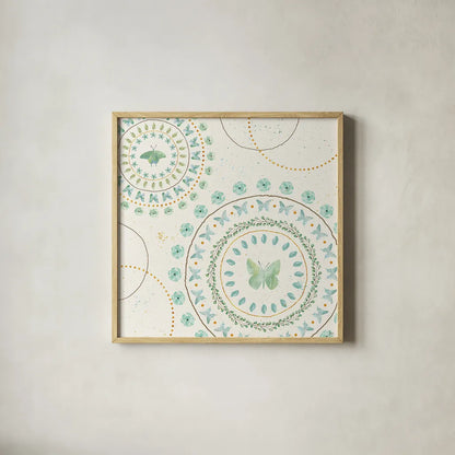 Flutterby Blooms VII by Jess Aiken. Shown in a natural wood glass frame for a timeless modern aesthetic. Available as an archival giclee rolled canvas, fine art paper, or poster print. SKU 26051a.