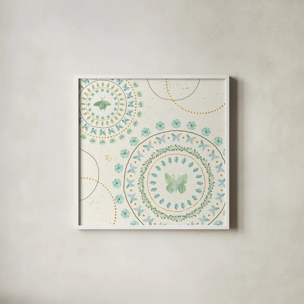 Flutterby Blooms VII by Jess Aiken. Shown in a crisp white glass frame for a clean and minimalist style. Available as an archival giclee rolled canvas, fine art paper, or poster print. SKU 26051a.