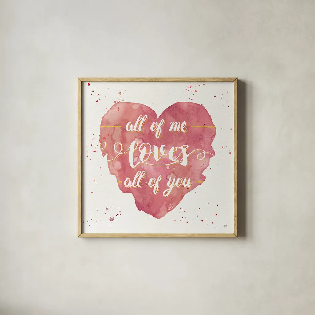 Happy Hearts I Pink by Jess Aiken. Shown in a natural wood glass frame for a timeless modern aesthetic. Available as an archival giclee rolled canvas, fine art paper, or poster print. SKU 31378a.