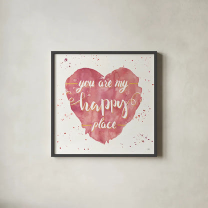 Happy Hearts II Pink by Jess Aiken. Shown in a sleek black glass frame for a contemporary gallery look. Available as an archival giclee rolled canvas, fine art paper, or poster print. SKU 31379a.