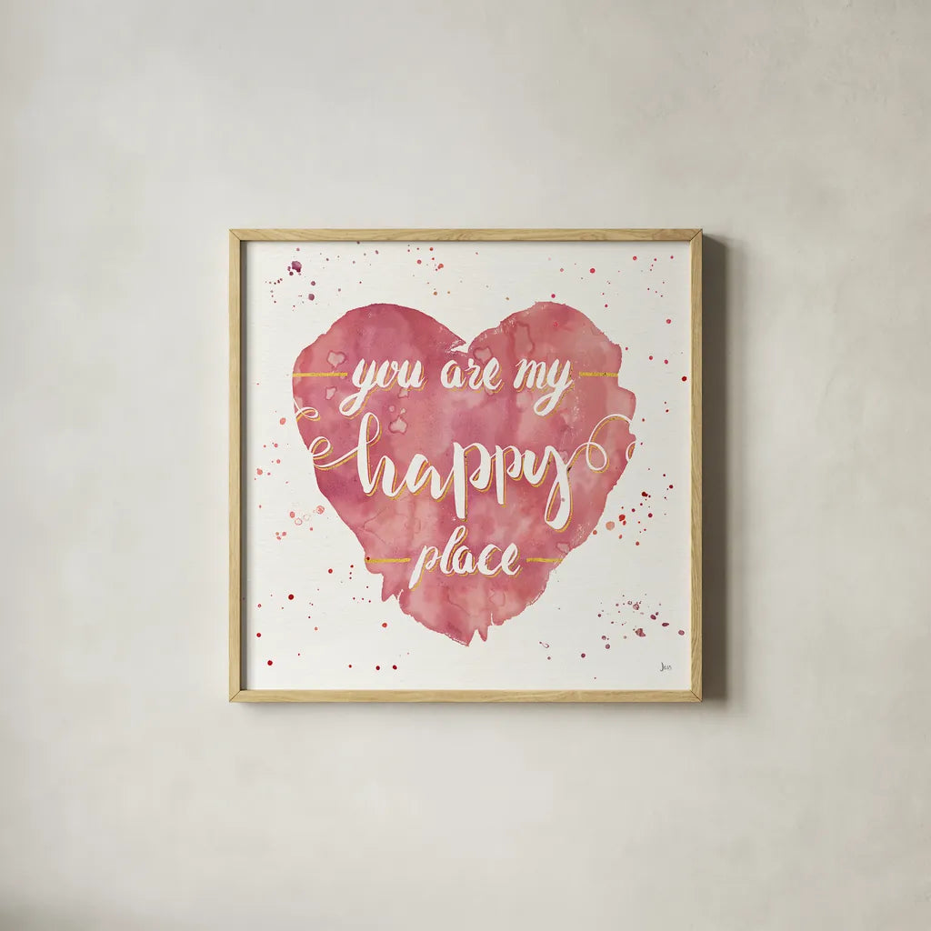 Happy Hearts II Pink by Jess Aiken. Shown in a natural wood glass frame for a timeless modern aesthetic. Available as an archival giclee rolled canvas, fine art paper, or poster print. SKU 31379a.