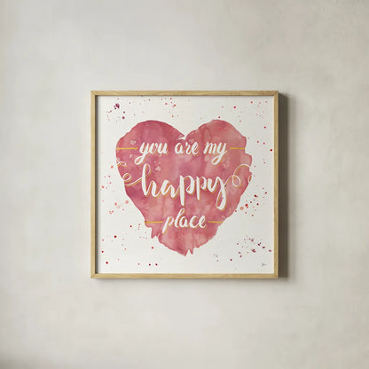 Happy Hearts II Pink by Jess Aiken. Shown in a natural wood glass frame for a timeless modern aesthetic. Available as an archival giclee rolled canvas, fine art paper, or poster print. SKU 31379a.