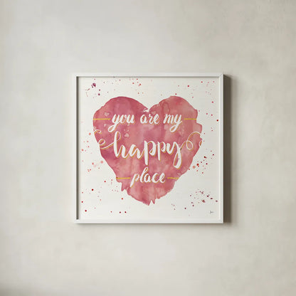 Happy Hearts II Pink by Jess Aiken. Shown in a crisp white glass frame for a clean and minimalist style. Available as an archival giclee rolled canvas, fine art paper, or poster print. SKU 31379a.