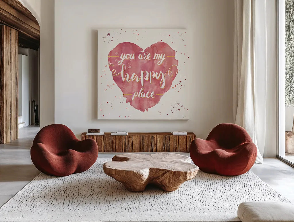 Happy Hearts II Pink by Jess Aiken. Shown as extra-large giant wall art in a modern living room. Available as an archival giclee rolled canvas, fine art paper, or poster print. SKU 31379a.