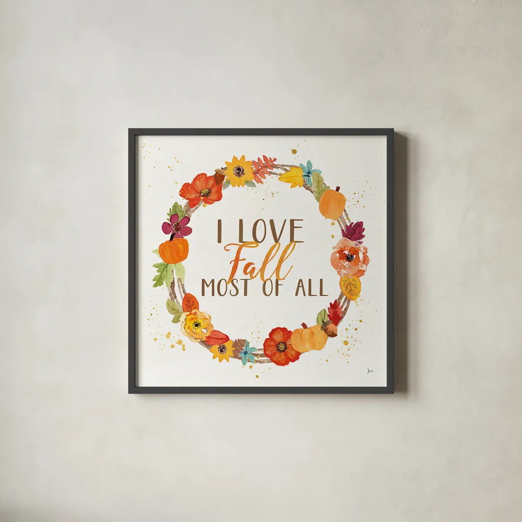 Harvest Wishes I by Jess Aiken. Shown in a sleek black glass frame for a contemporary gallery look. Available as an archival giclee rolled canvas, fine art paper, or poster print. SKU 34875a.