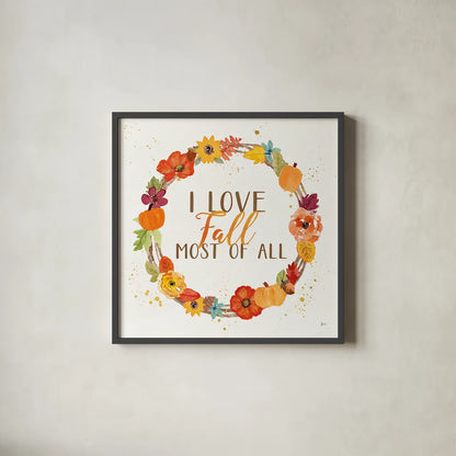 Harvest Wishes I by Jess Aiken. Shown in a sleek black glass frame for a contemporary gallery look. Available as an archival giclee rolled canvas, fine art paper, or poster print. SKU 34875a.