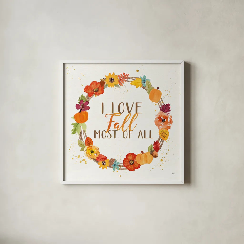 Harvest Wishes I by Jess Aiken. Shown in a crisp white glass frame for a clean and minimalist style. Available as an archival giclee rolled canvas, fine art paper, or poster print. SKU 34875a.