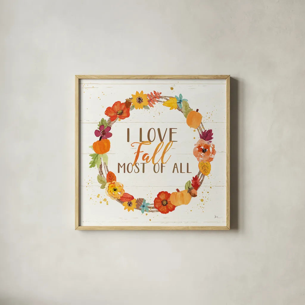 Harvest Wishes I on Wood by Jess Aiken. Shown in a natural wood glass frame for a timeless modern aesthetic. Available as an archival giclee rolled canvas, fine art paper, or poster print. SKU 35663a.