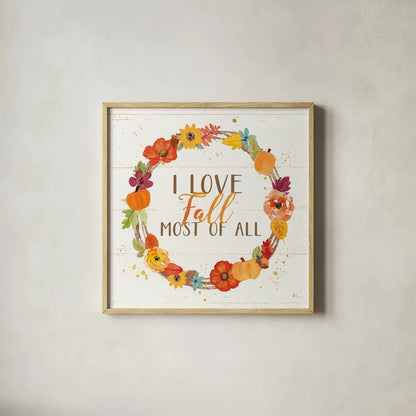 Harvest Wishes I on Wood by Jess Aiken. Shown in a natural wood glass frame for a timeless modern aesthetic. Available as an archival giclee rolled canvas, fine art paper, or poster print. SKU 35663a.