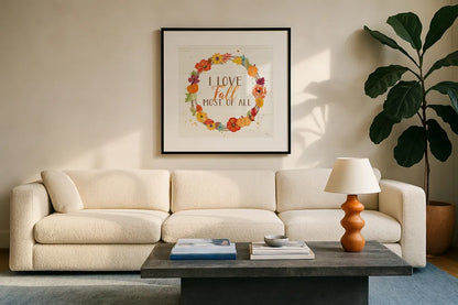 Harvest Wishes I on Wood by Jess Aiken. Displayed in a glass frame with matte in a clean modern living room. Available as an archival giclee rolled canvas, fine art paper, or poster print. SKU 35663a.