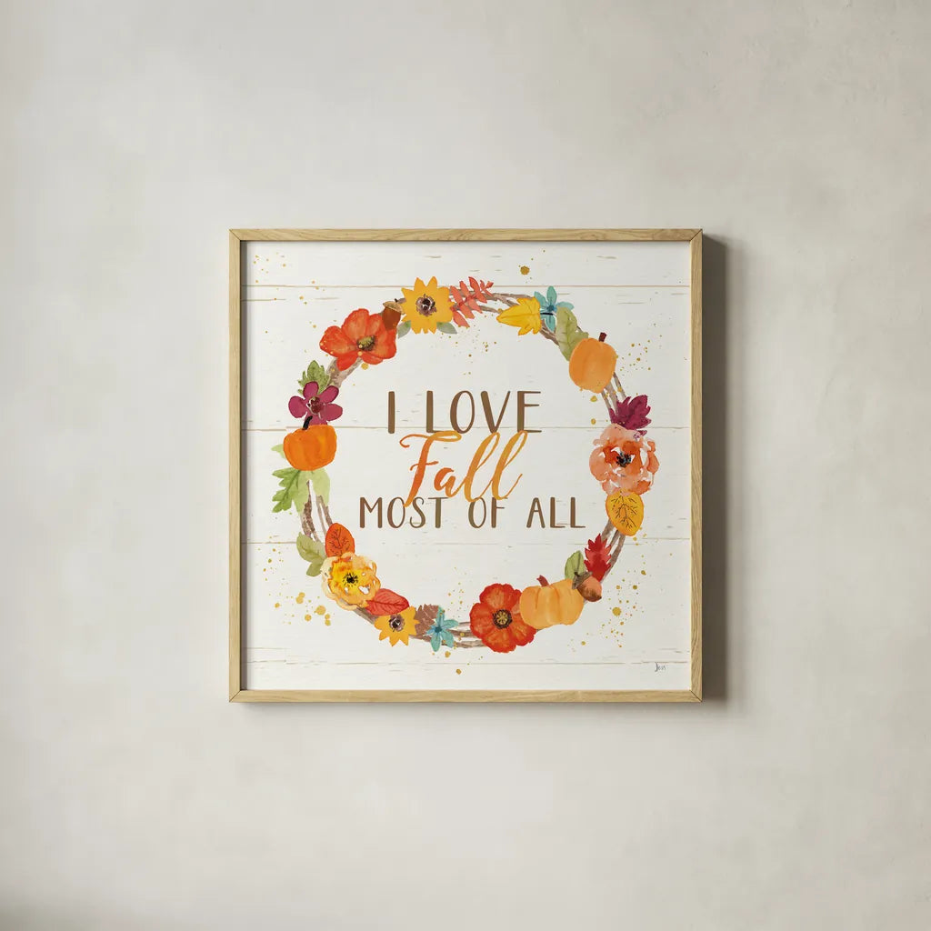 Harvest Wishes I on Wood by Jess Aiken. Shown in a natural wood glass frame for a timeless modern aesthetic. Available as an archival giclee rolled canvas, fine art paper, or poster print. SKU 44935a.