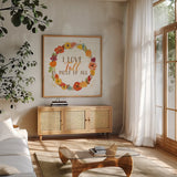 Harvest Wishes I on Wood by Jess Aiken. Shown in a natural wood frame in a cozy modern living room. Available as an archival giclee rolled canvas, fine art paper, or poster print. SKU 44935a.
