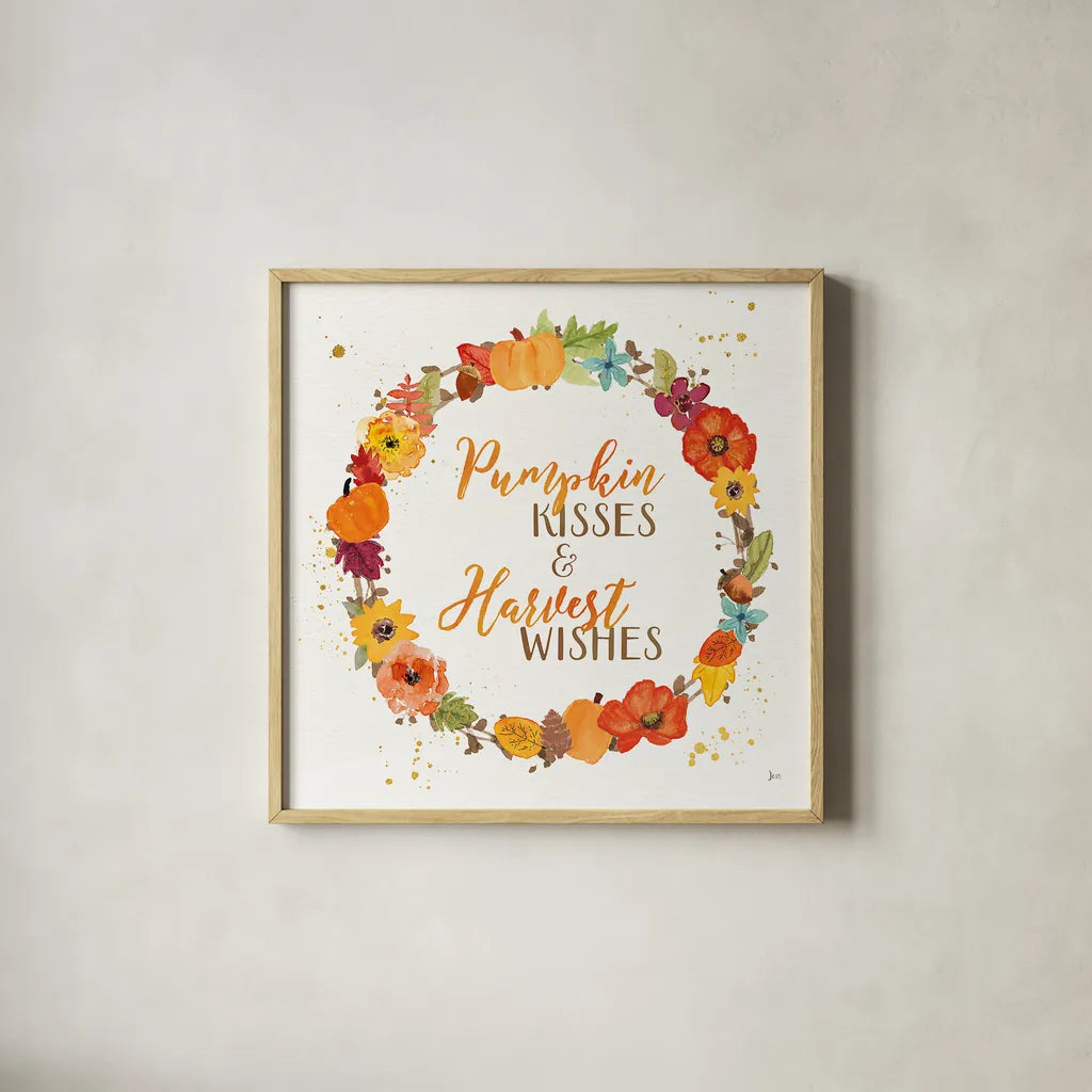Harvest Wishes II by Jess Aiken. Shown in a natural wood glass frame for a timeless modern aesthetic. Available as an archival giclee rolled canvas, fine art paper, or poster print. SKU 34876a.