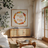 Harvest Wishes II by Jess Aiken. Shown in a natural wood frame in a cozy modern living room. Available as an archival giclee rolled canvas, fine art paper, or poster print. SKU 34876a.