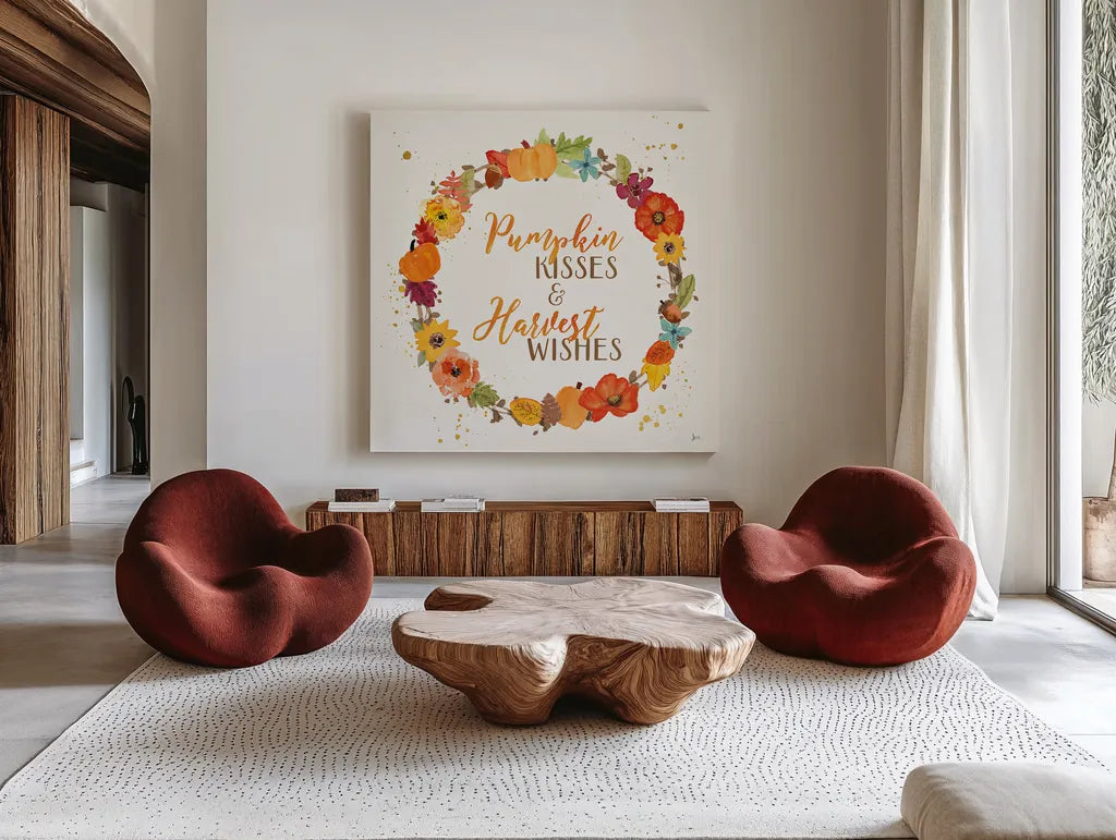 Harvest Wishes II by Jess Aiken. Shown as extra-large giant wall art in a modern living room. Available as an archival giclee rolled canvas, fine art paper, or poster print. SKU 34876a.