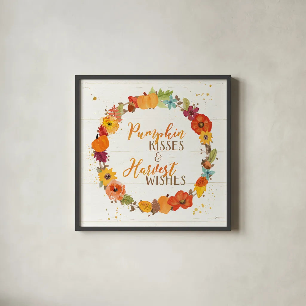 Harvest Wishes II on Wood by Jess Aiken. Shown in a sleek black glass frame for a contemporary gallery look. Available as an archival giclee rolled canvas, fine art paper, or poster print. SKU 35664a.