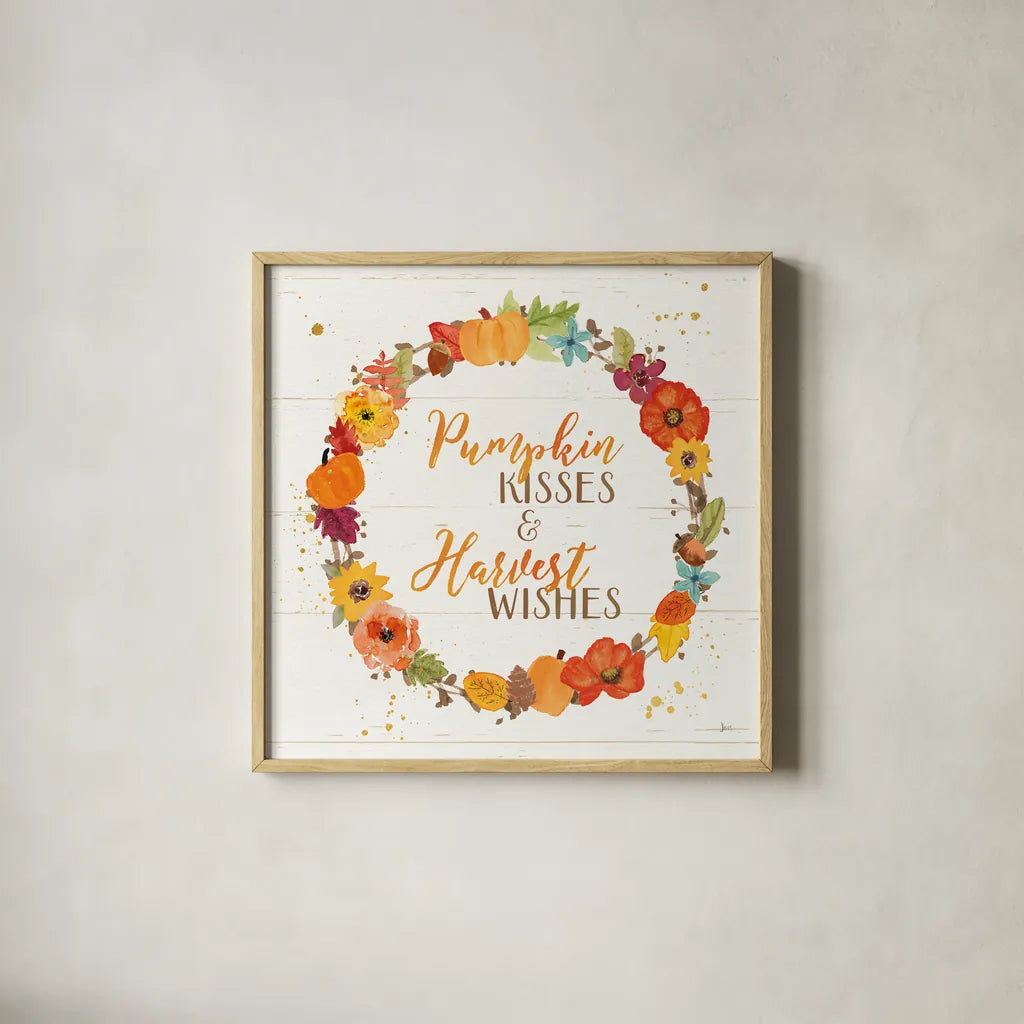 Harvest Wishes II on Wood by Jess Aiken. Shown in a natural wood glass frame for a timeless modern aesthetic. Available as an archival giclee rolled canvas, fine art paper, or poster print. SKU 35664a.
