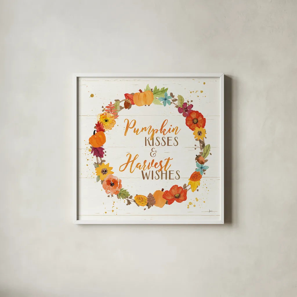 Harvest Wishes II on Wood by Jess Aiken. Shown in a crisp white glass frame for a clean and minimalist style. Available as an archival giclee rolled canvas, fine art paper, or poster print. SKU 35664a.