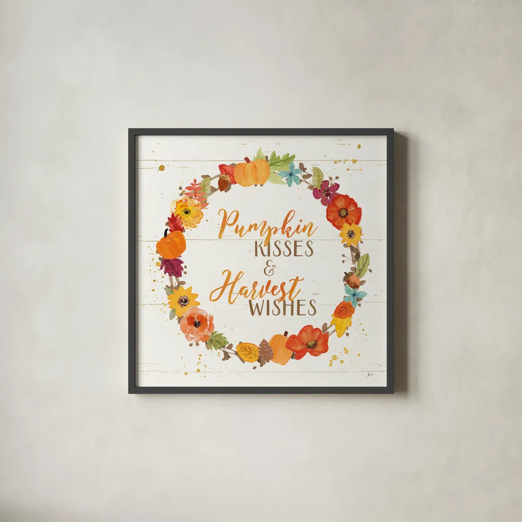 Harvest Wishes II on Wood by Jess Aiken. Shown in a sleek black glass frame for a contemporary gallery look. Available as an archival giclee rolled canvas, fine art paper, or poster print. SKU 44936a.