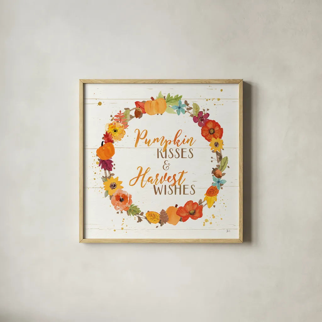 Harvest Wishes II on Wood by Jess Aiken. Shown in a natural wood glass frame for a timeless modern aesthetic. Available as an archival giclee rolled canvas, fine art paper, or poster print. SKU 44936a.