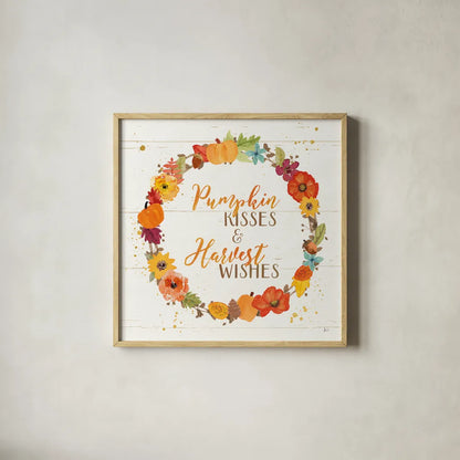 Harvest Wishes II on Wood by Jess Aiken. Shown in a natural wood glass frame for a timeless modern aesthetic. Available as an archival giclee rolled canvas, fine art paper, or poster print. SKU 44936a.