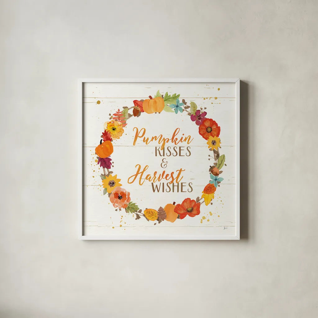 Harvest Wishes II on Wood by Jess Aiken. Shown in a crisp white glass frame for a clean and minimalist style. Available as an archival giclee rolled canvas, fine art paper, or poster print. SKU 44936a.