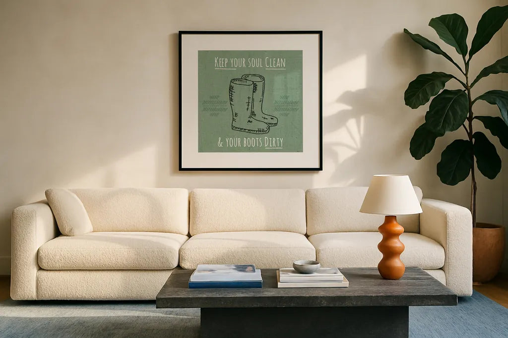 Home Grown I by Jess Aiken. Displayed in a glass frame with matte in a clean modern living room. Available as an archival giclee rolled canvas, fine art paper, or poster print. SKU 71541a.