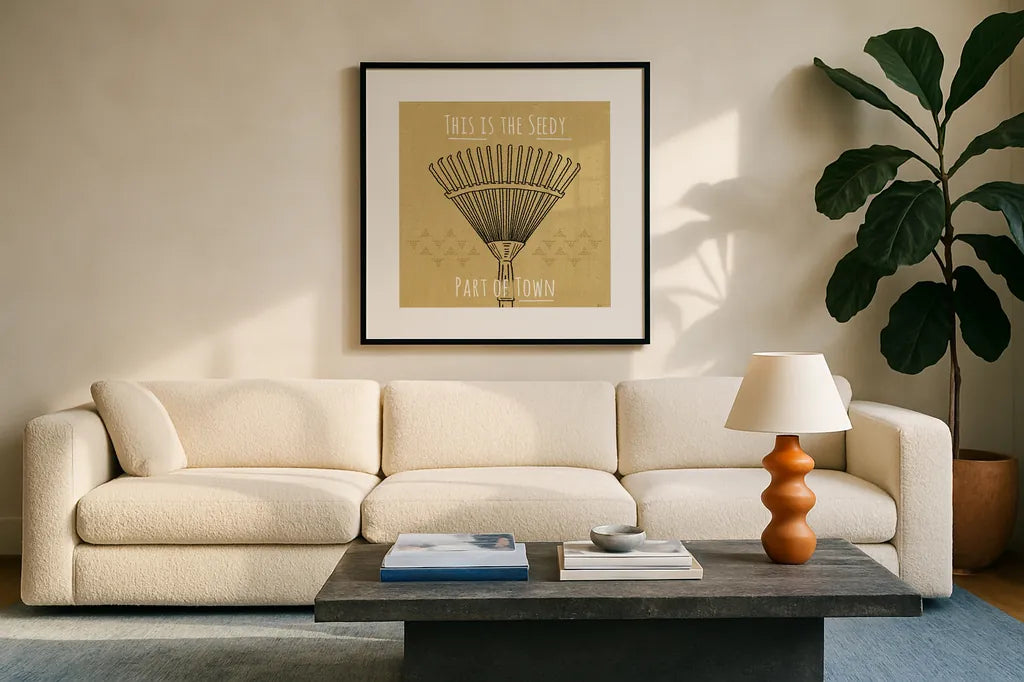 Home Grown III by Jess Aiken. Displayed in a glass frame with matte in a clean modern living room. Available as an archival giclee rolled canvas, fine art paper, or poster print. SKU 71543a.