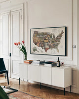 InstaStates IX by Jess Aiken. shown as a framed stretched canvas in a living room above a console. Available as a archival giclee rolled canvas, fine art paper, or poster print. SKU 21791i.