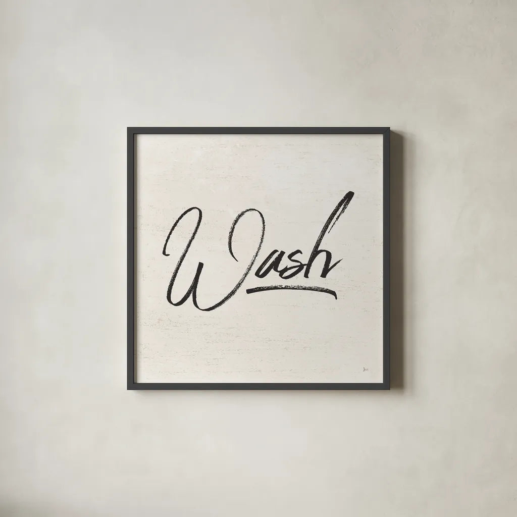Laundry Script I by Jess Aiken. Shown in a sleek black glass frame for a contemporary gallery look. Available as an archival giclee rolled canvas, fine art paper, or poster print. SKU 66269a.