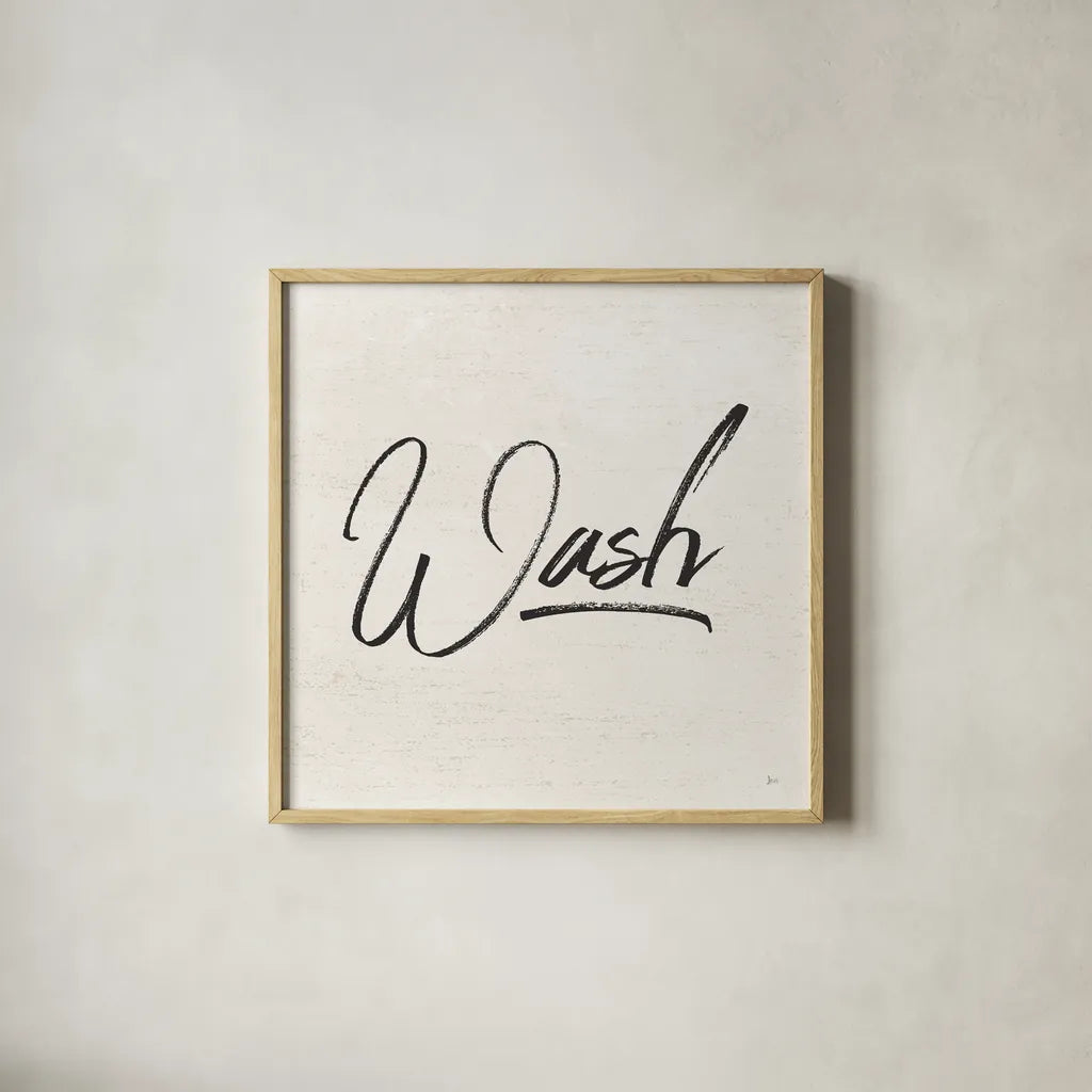 Laundry Script I by Jess Aiken. Shown in a natural wood glass frame for a timeless modern aesthetic. Available as an archival giclee rolled canvas, fine art paper, or poster print. SKU 66269a.