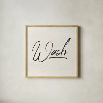 Laundry Script I by Jess Aiken. Shown in a natural wood glass frame for a timeless modern aesthetic. Available as an archival giclee rolled canvas, fine art paper, or poster print. SKU 66269a.