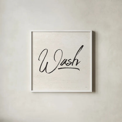 Laundry Script I by Jess Aiken. Shown in a crisp white glass frame for a clean and minimalist style. Available as an archival giclee rolled canvas, fine art paper, or poster print. SKU 66269a.
