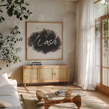Laundry Splash I by Jess Aiken. Shown in a natural wood frame in a cozy modern living room. Available as an archival giclee rolled canvas, fine art paper, or poster print. SKU 66266a.