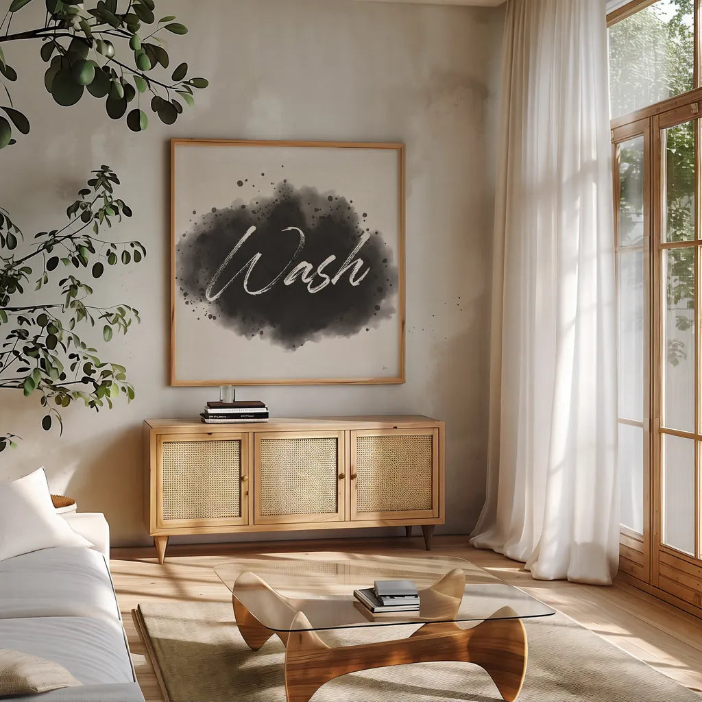 Laundry Splash I by Jess Aiken. Shown in a natural wood frame in a cozy modern living room. Available as an archival giclee rolled canvas, fine art paper, or poster print. SKU 66266a.